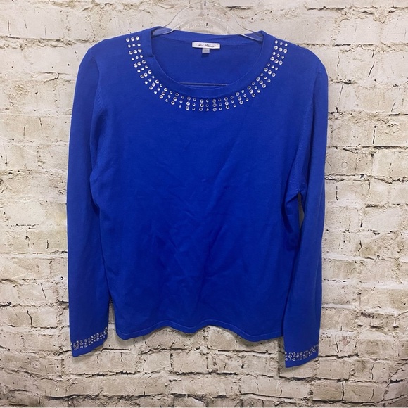 Vila Milano Blue Jeweled Long Sleeve Knit Soft Wool Blend Top - Picture 1 of 6